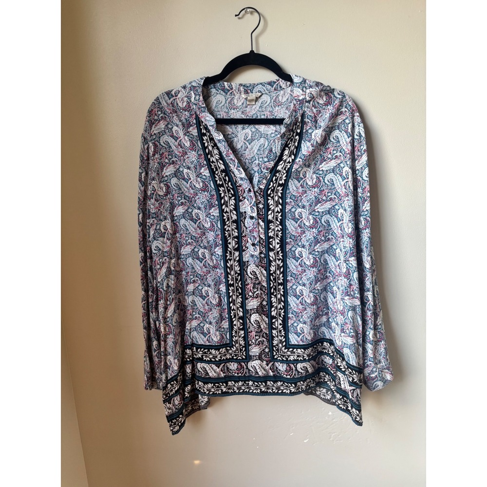 Cato Women 22/24W Blue Paisley Henley Blouse Boho Long Sleeve Rayon Tunic Top XL